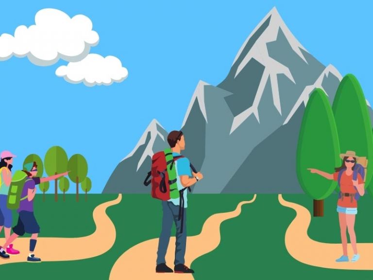 Pictorial representation of hikers who all want to go in a different direction.